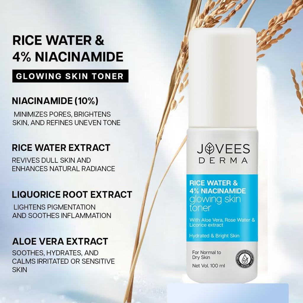 Jovees Derma 4% Niacinamid Reiswasser Toner Für Glass Skin Glow Feuchtigkeitsspendend Unreinheitenkontrolle Porenverfeinernder Nebel Normale Bis Trockene Haut 100ml