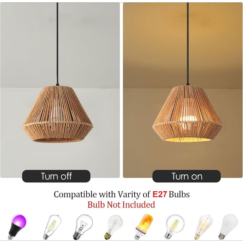 JOYINLED Boho Rattan Chandelier E27 Hand Woven Hemp Rope Hanging Light Vintage Farmhouse Bedroom Living Room Decor Pendant Lamps