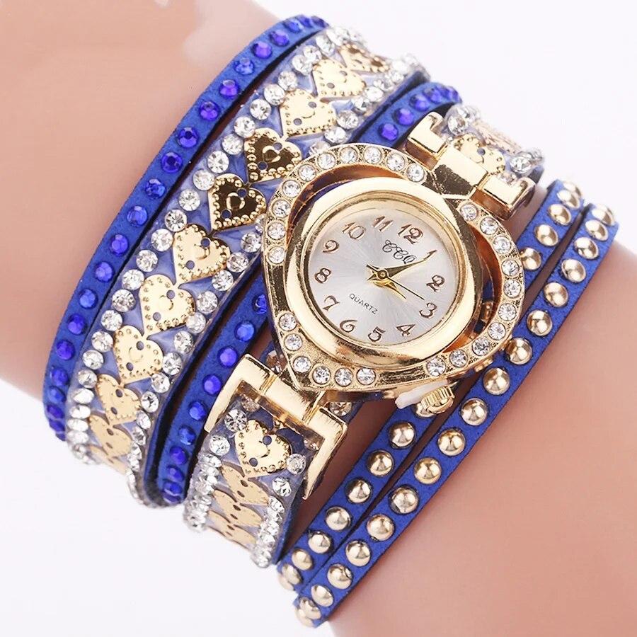 Luxury Women Heart Dial Shiny Design Quality Women Quartz Watch Fashion Rhinestone Bracelet Wrap Strap Women Watch Gifts синий