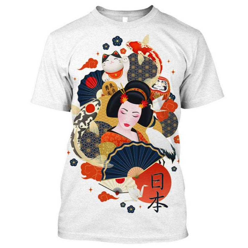 Japanese Geisha Samurai Men's T Shirt Casual Round Neck Short Sleeve Tees Fashion Trend Harajuku Pullover Oversized Hip Hop Tops