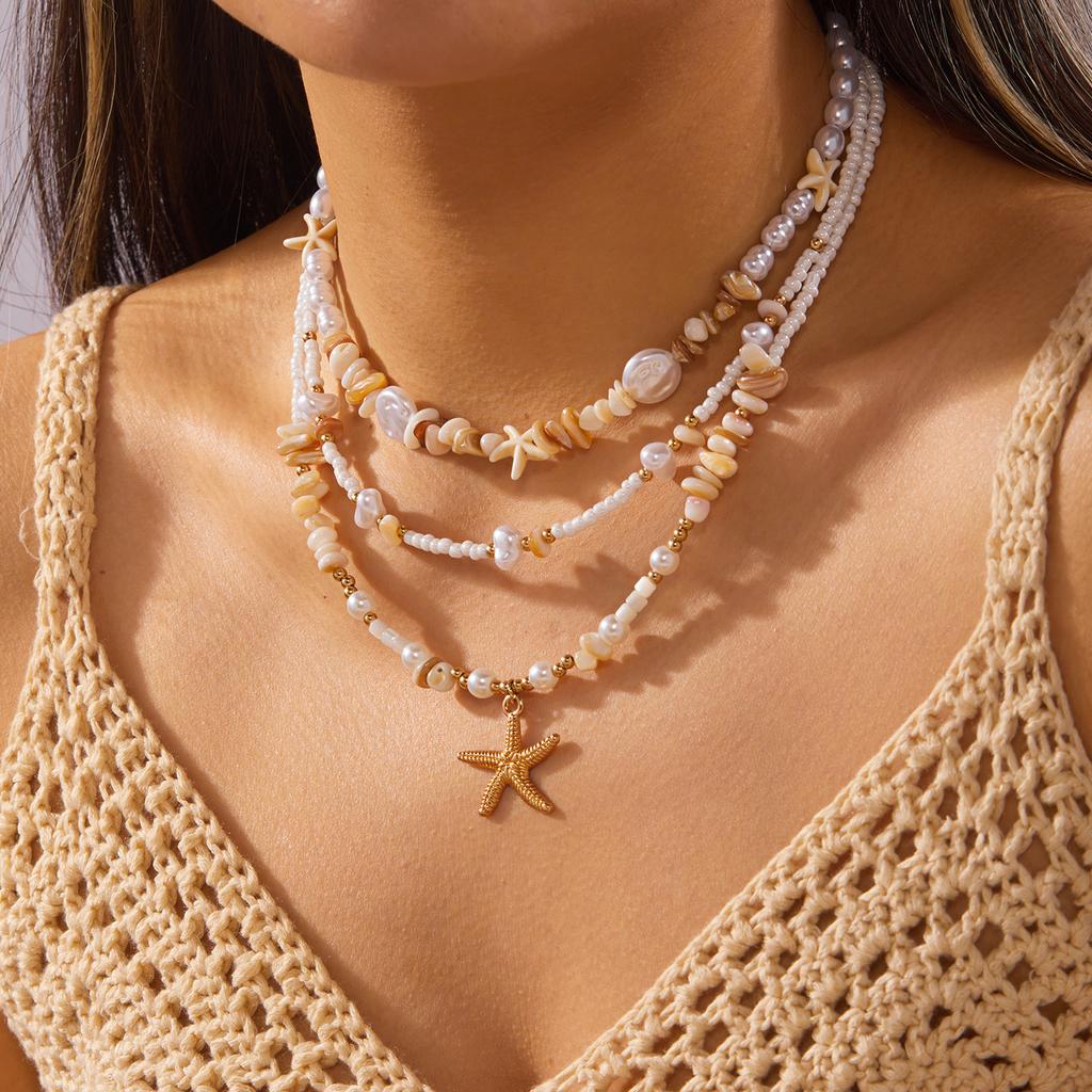 3Pcs/Set Vacation Starfish Faux Pearl Stone Necklace Summer Beach Ocean Theme Boho Choker Jewelry For Women