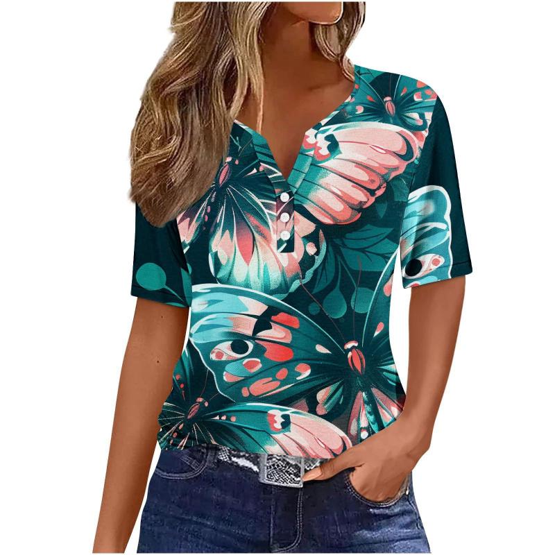 Summer Fashion 2026 New Women's Clothing 3D Butterfly Print V-Neck Three-Button Short Sleeve T-Shirt