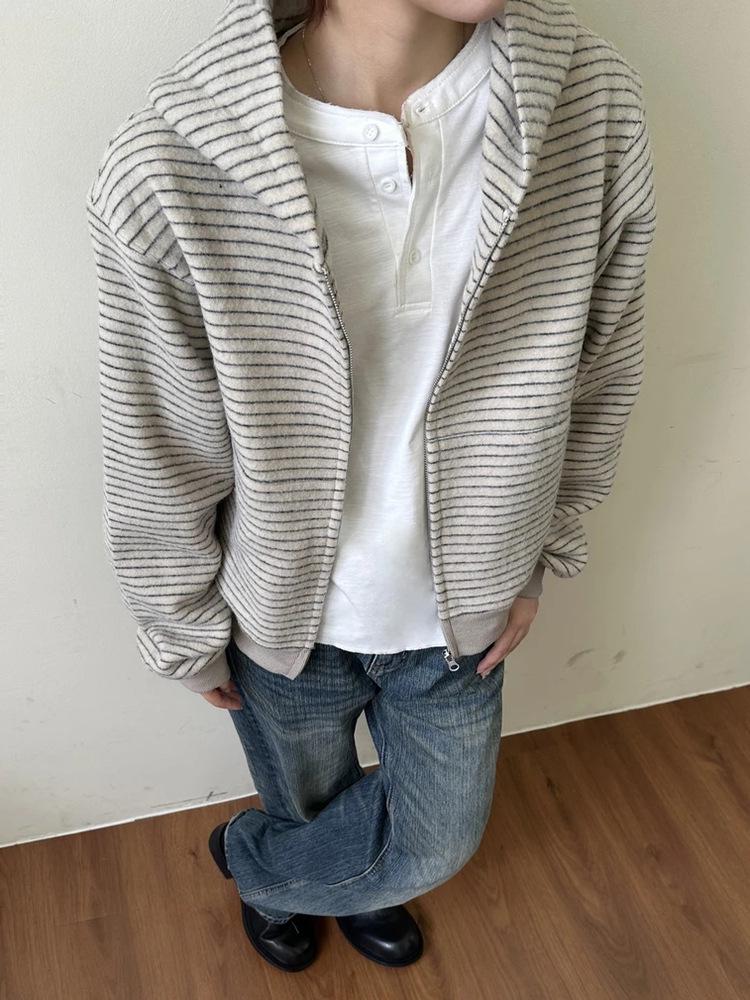 Unisex Striped Velour Hooded Cardigan Sweatshirt, Autumn/Winter, National Trend, Loose Fit, Versatile Zip-Up Jacket