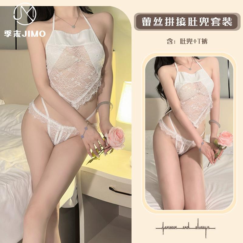 Sex underwear new sexy lace satin splicing neck belly pocket three-point empty suit women 3061