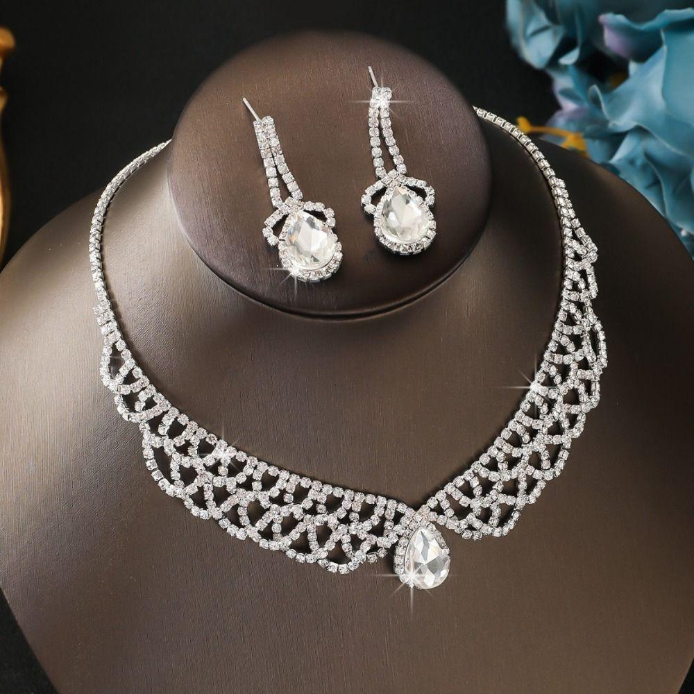 Shining Necklace Earrings Set Crystal Crystal Necklace Set Bridal Rhinestone Jewelry Set  Banquet