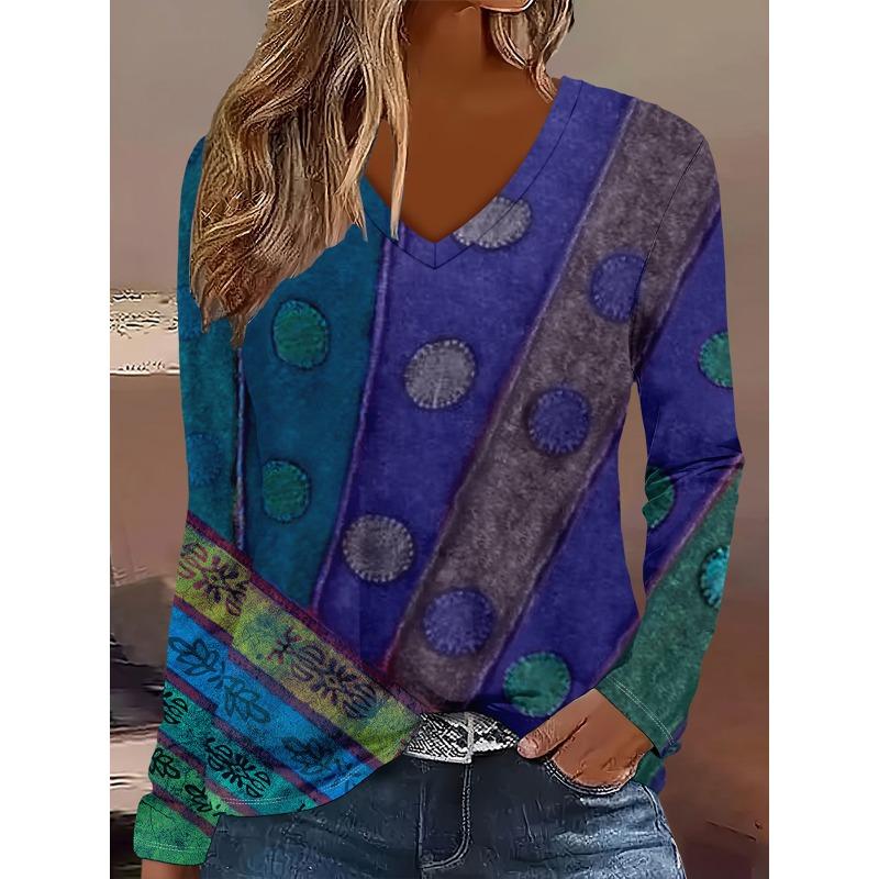 Women's Autumn and Winter 3D Printed V-Neck Long Sleeve T-Shirt Fashion Versatile Trend Breathable Casual