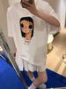 Plus Size Korean Cartoon Girl Cotton T-shirt - Short Sleeve, Summer, Loose Fit