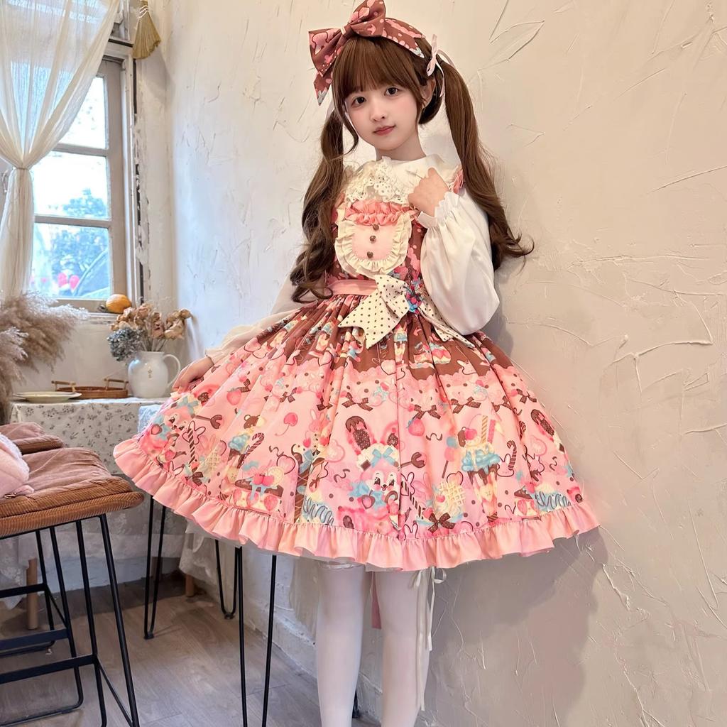 Teeparty Mädchen Lolita Kleid Jsk Täglich Süß Cartoon Druck Rüschen Hohe Taille Lolita Kleid für Damen Sommerkleid