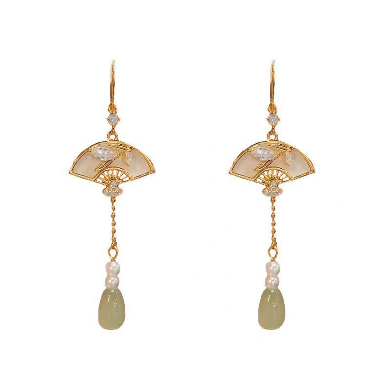 New Chinese Retro Style Fashionable Long Style Folding Fan Tassel Earrings