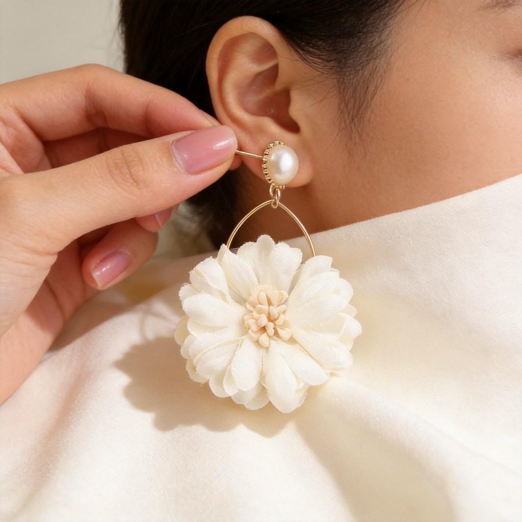 Fashion Fabric Flower Earrings With Pearl Dangles For Casual Daily Wear