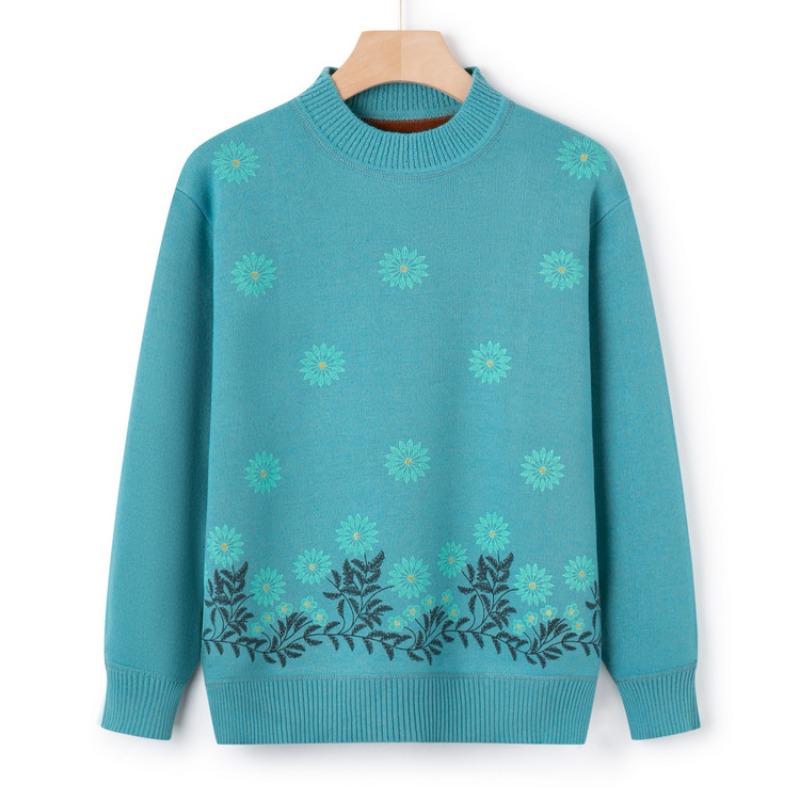 Mom Autumn Warm Sweater Elderly Autumn and Winter Integrated Fleece Knitted Sweater Grandma Fleece Thickened Casual Top