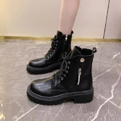 2024 Hot Sale Shoes Female Lace Up Women's Boots Autumn Round Toe Solid Short Barrel Platform Fashion Korean Style Naked Boots