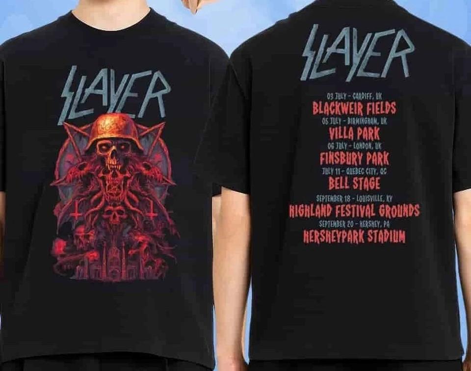 

SALE Slayer UK And North America Satanic Skull Warrior Merch Tour 2025 TShirt Unisex T-Shirt XXXL
