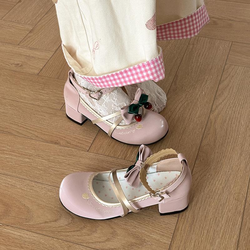 Round head thick heel women's French sweet and cute bow 2025 summer new sweet and versatile casual high-heeled single shoes