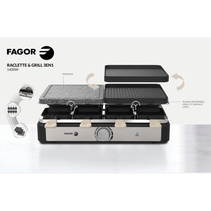 Appareil à raclette FAGOR - FGRG8 - Pierre de cuisson - Jusqu'à 8 personnes - Thermostat réglable - 1400W