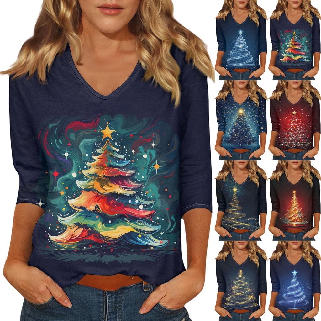 Women's Casual Fashionable Sexy Comfortable V-Neck Christmas Three-Quarter Sleeve Top