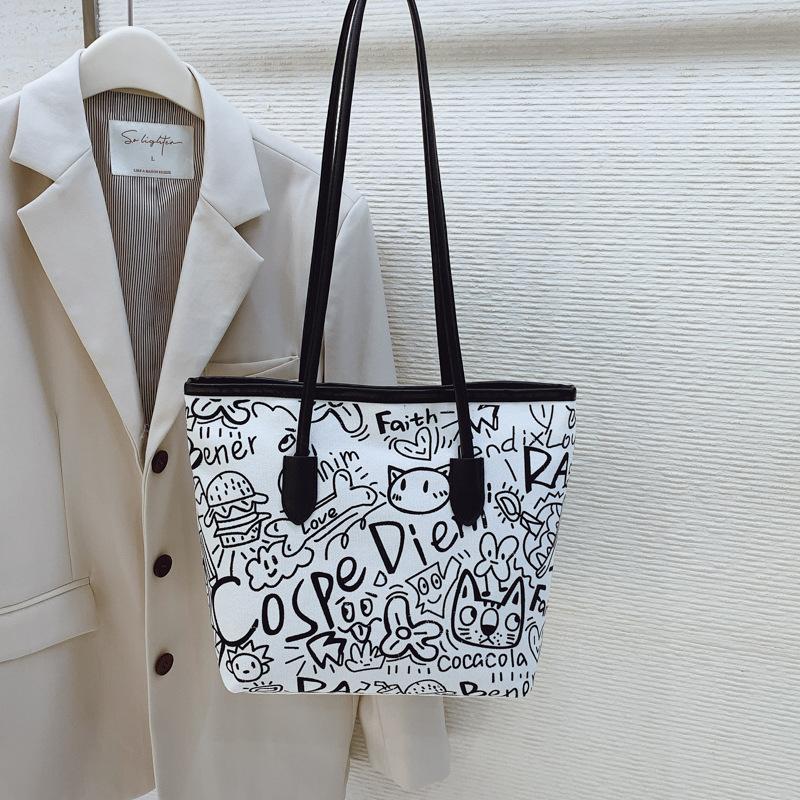Graffiti Tote Bag Niche Design Handheld Cloth Bag Women's Bag Autumn New Casual Shoulder Bag Large Capacity Underarm Bag