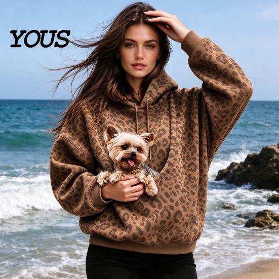 Women Oversized Hoodie Leopard Print Pet Carrier for Women, Hooded Sweatshirt Dog Hands Free & Cat Carrying, Long Sleeve Pullover Top with