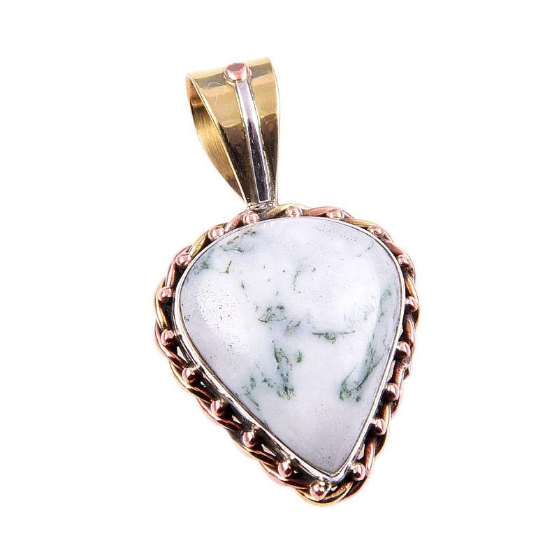 Natürlicher Grüner Dendrit Opal Edelstein 925 Massiv Silber Zweifarbig Anhänger 1,25" l8E43