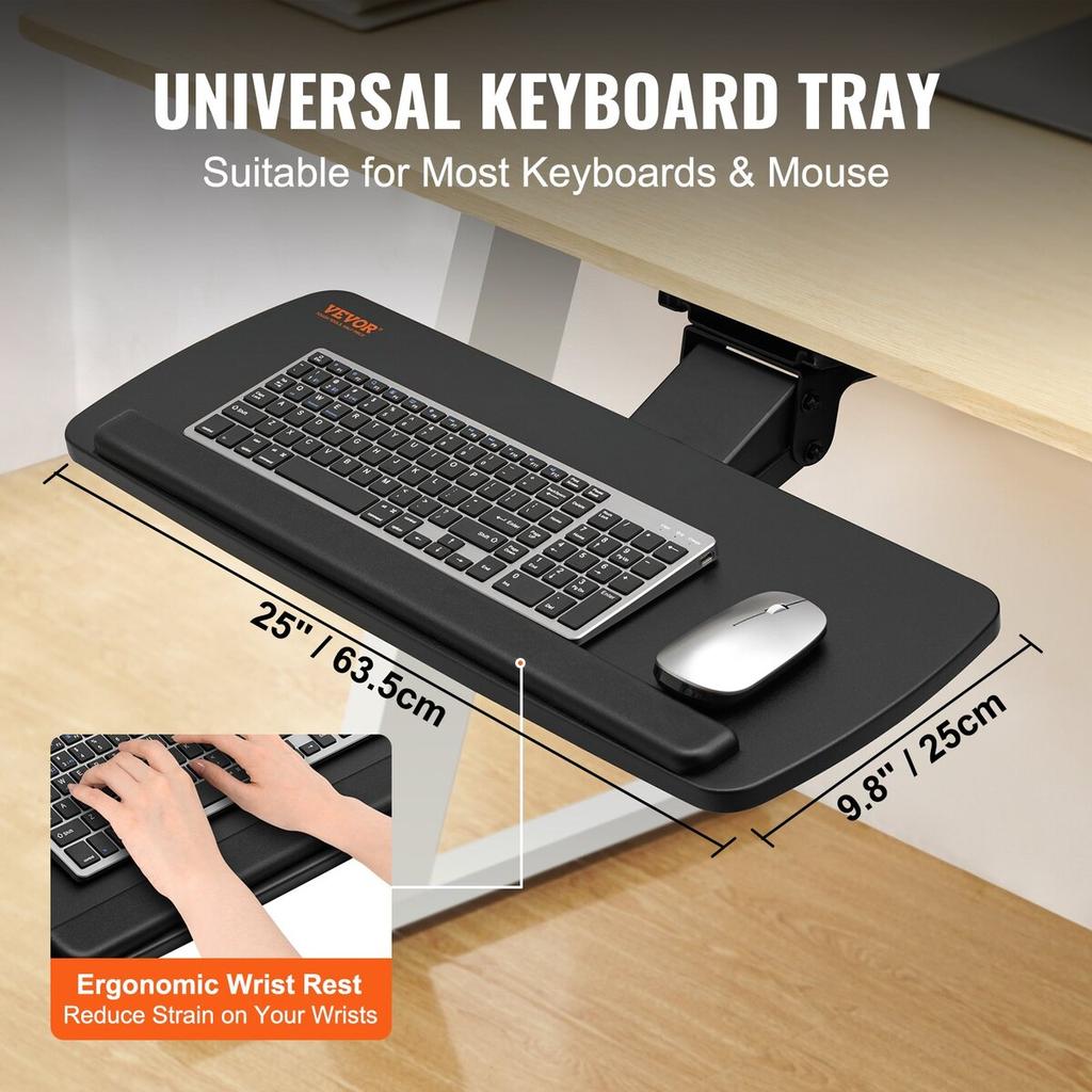 Keyboard Tray under Desk Adjustable Height, Height and Angle Adjustable under Desk Keyboard Tray Slide out, Large 25x9.8 inch Keyboard Holder under