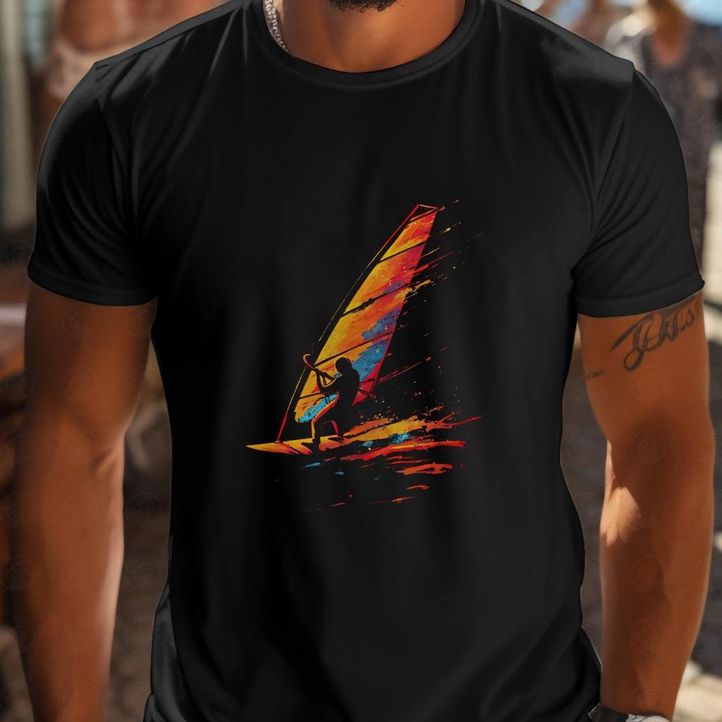Men Short Sleeve T-Shirt with Vibrant Windsurfing Graphic Print Breathable Round Neck Summer Top Men Clothing