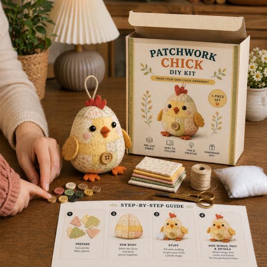 DIY Patchwork Animal Kit, Hand Sewing Craft Set with Pre-Cut Fabric Stuffing Buttons Threads, Cute Plush Animal Craft Kit Gift for Craft Lovers