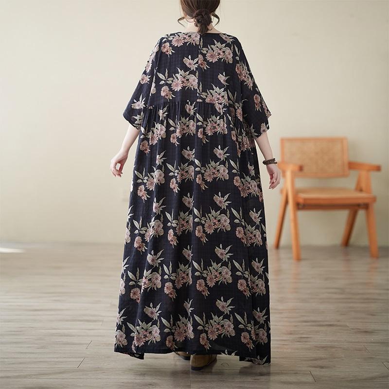 Krátký rukáv Nadměrná velikost vintage květinová novinka v šatech pro ženy ležérní volné maxi dlouhé letní šaty