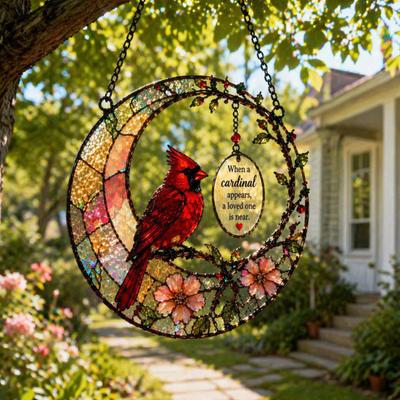 Red Bird Memorial Suncatcher Stained On Branch Window Glass Style Bird Hanging Decor Gift for Loss