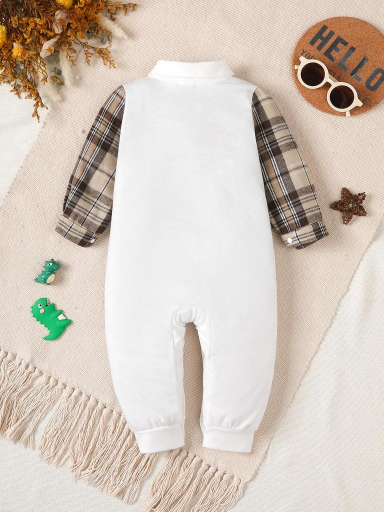 Pasgeboren Babyjongen Romper Herfst Casual Geruit Lange Mouw Strikje Dinosaurus Jumpsuit Gentleman Stijl Baby Outfit Voor 0-18 Maanden