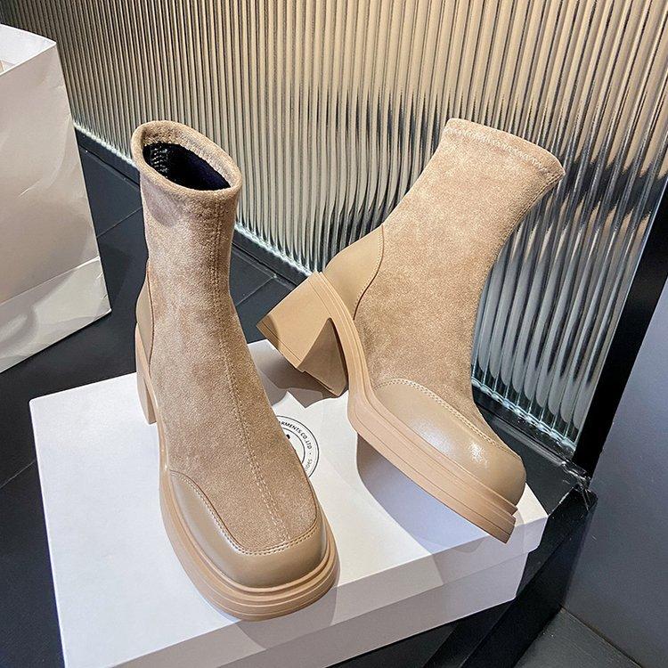 

High-heeled niche French British style black short boots women s new side zipper elastic thin boots in autumn and winter 2025 35