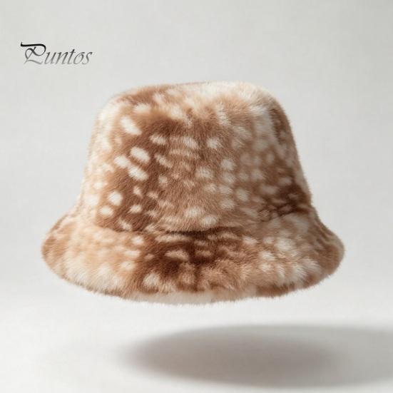 Cute Aesthetic Winter Hat Women Spotted Deer Hat, Faux Fur Bucket Scarf, Brown White Gradient Soft Cozy Furry Fisherman for Girls, Autumn Accessory
