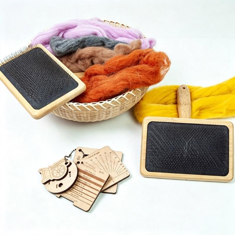 Wool Carding Brush Set with Wooden Handle, Dense Metal Bristles, 4.0MM Knitting Needle and Storage Pouch for Fiber Craft Project