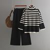 Striped turtleneck sweater women's autumn and winter new loose design knitted sweater pullover two-piece set