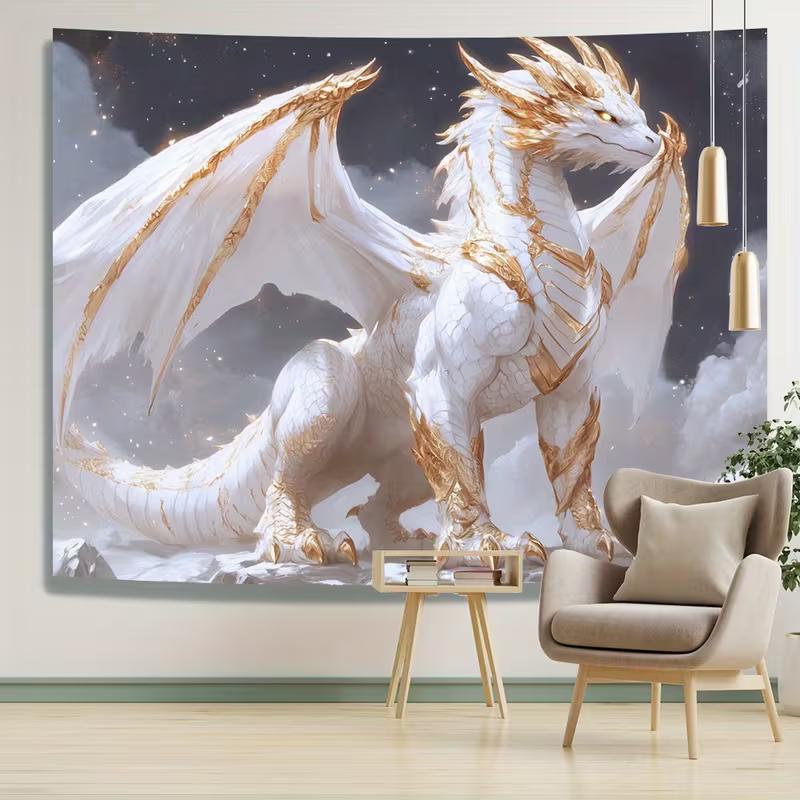 2D Sternenhimmel Weißer Drache Wandteppich Moderne Fantasy Wohnraum Hintergrundtuch