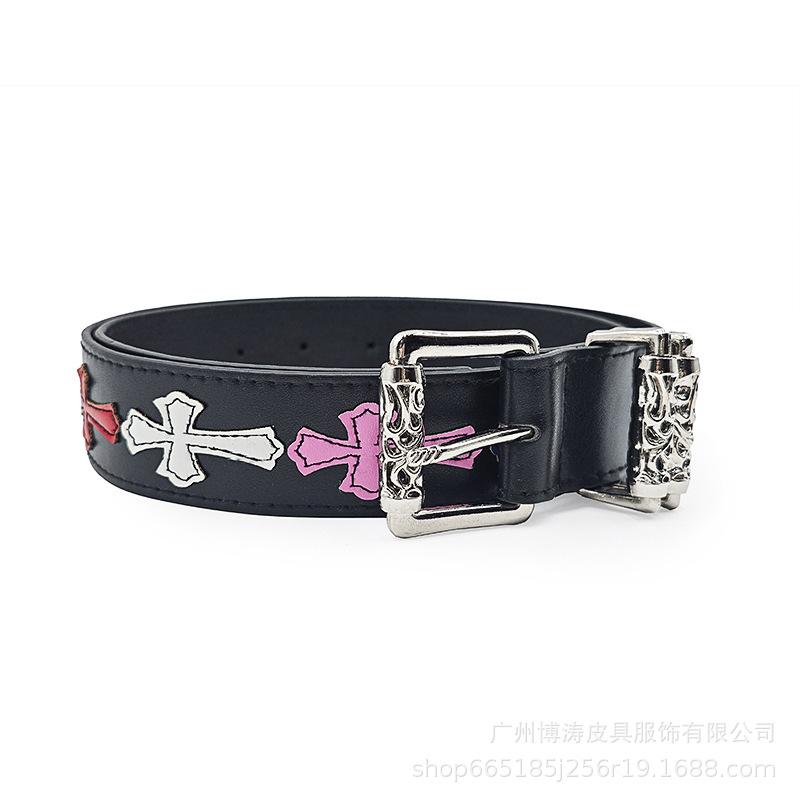 New Silver Alloy Engraved Roller Hollowed Out Crowe Pin Buckle PU Belt Punk High Street Men's and Women's Fashion Trend