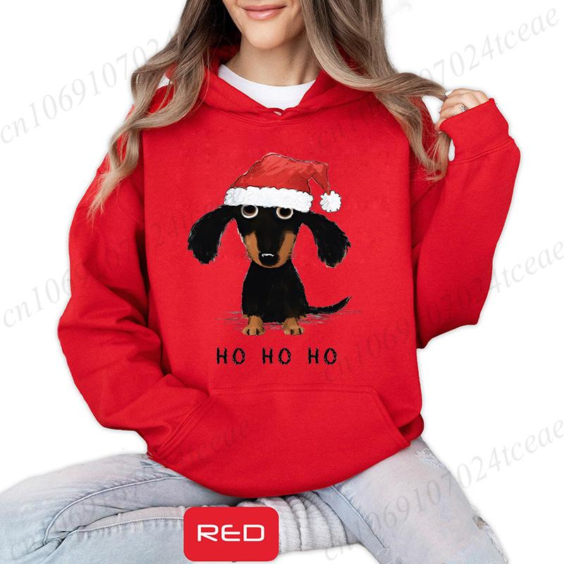 Christmas Dachshund Printed Hooded Sweatshirt Merry Christmas Women's Loose Hoodies Xmas Dog Cartoon Anime Hoody Clothing