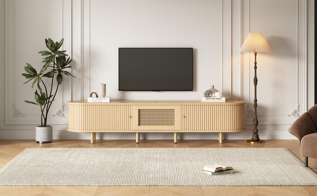 Nowoczesna Niska Szafka RTV z Okrągłym Designem i Drzwiami Rolowanymi, MDF, Szuflada, na Telewizory do 75 Cali, Salon i Jadalnia, 180x40x40cm, Kolor Drewna