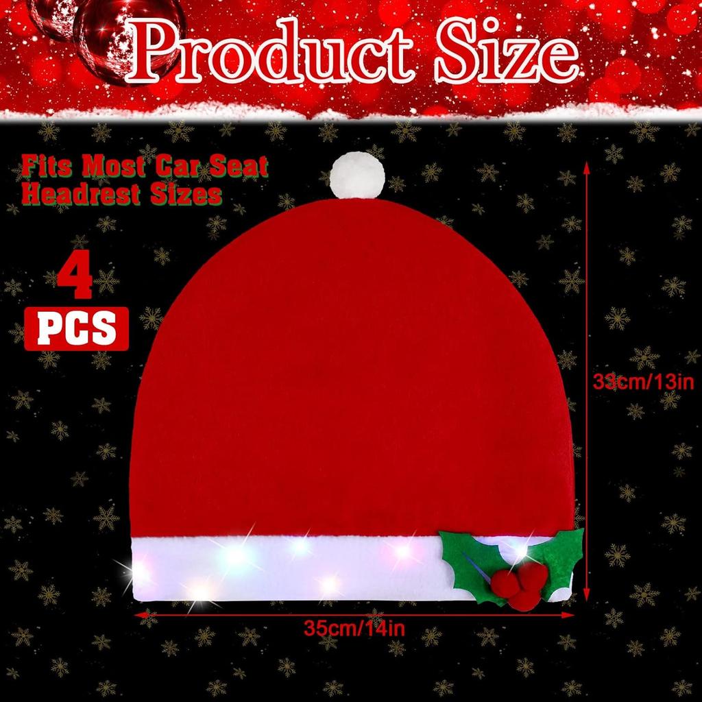 4 Pieces LED Santa Claus Hat Car Seat Headrest Covers Colorful Light Christmas Car Decoration Soft Car Seat Head Rest Cover Protector Interior