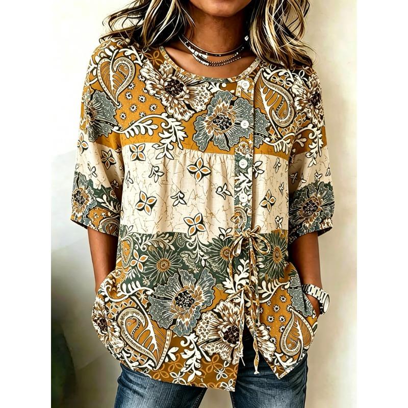 Women's Spring Summer Drawstring Blouse, Boho Paisley & Floral Patchwork Print Casual Tops for Daily Street Holiday Outfit
