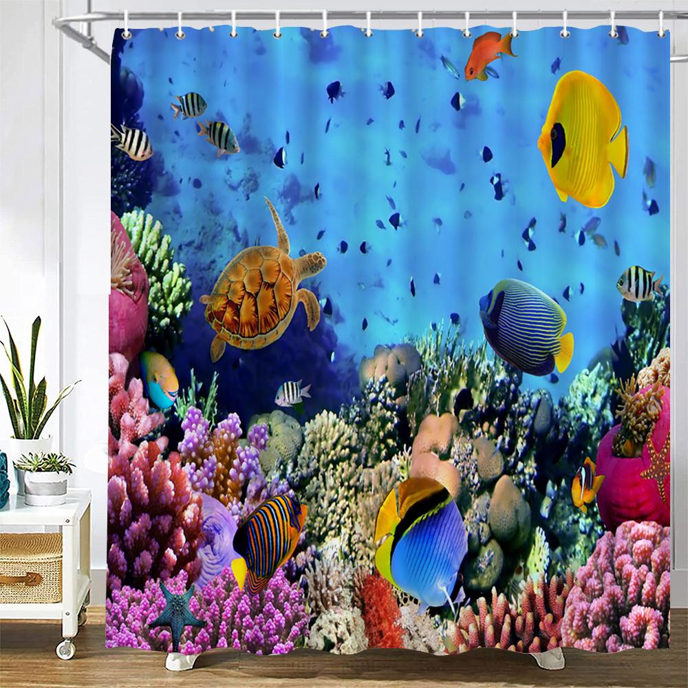 Cartoon Ocean Dolphin Shower Curtain,Waterproof Bathroom Screen Sea Animal Shower Curtain Polyester High Quality Home Curtain