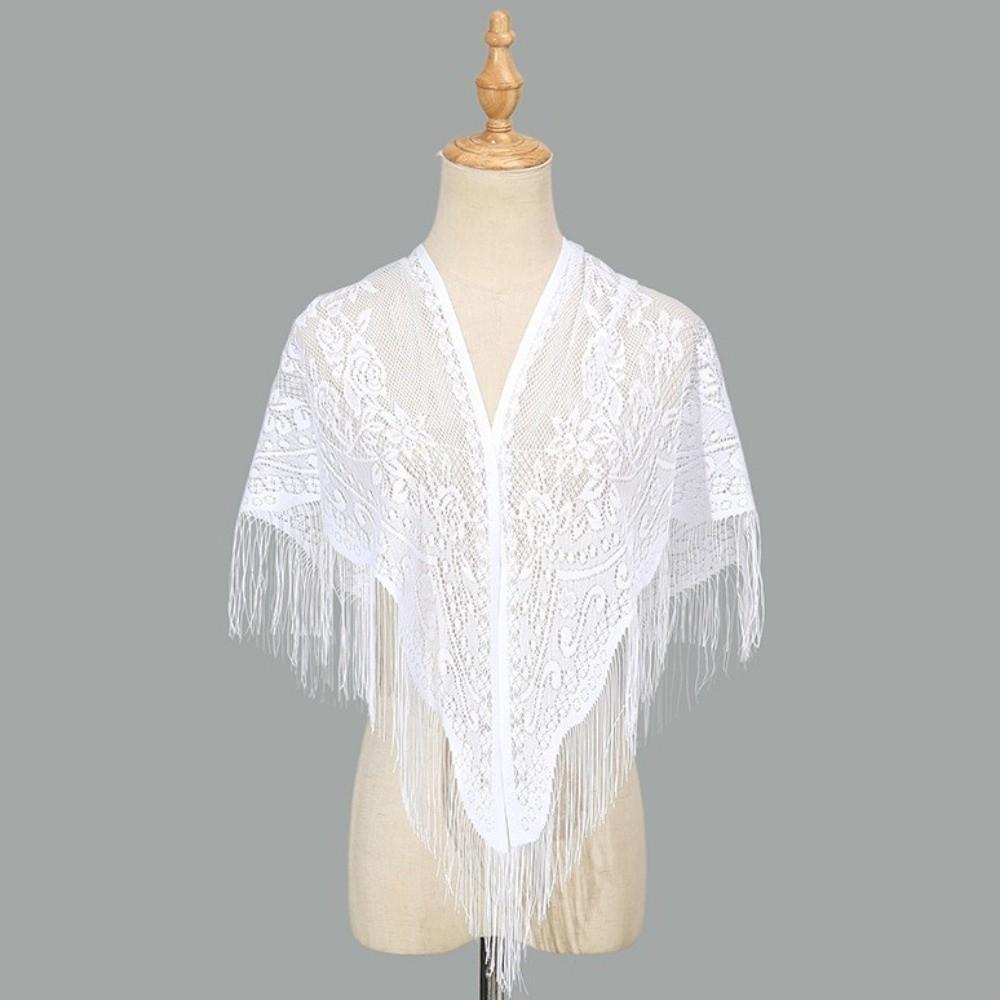 Polyester Lace Hollow Scarf Embroidery Mesh Scarves Elegant Tassel Triangle Shawl  Wedding