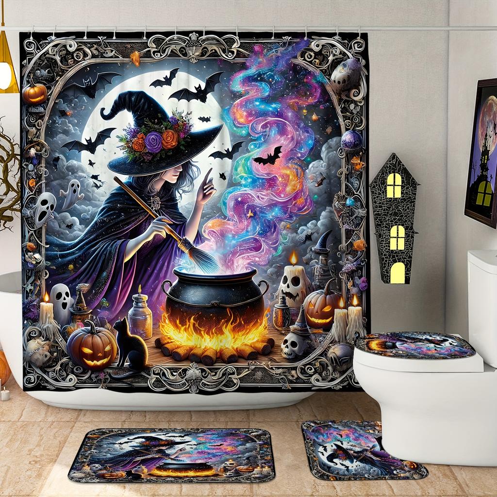 Halloween Multicolor Bath Curtain Set - Includes Shower Curtain And Bath Mat For Bathroom Or Shower Room Decor