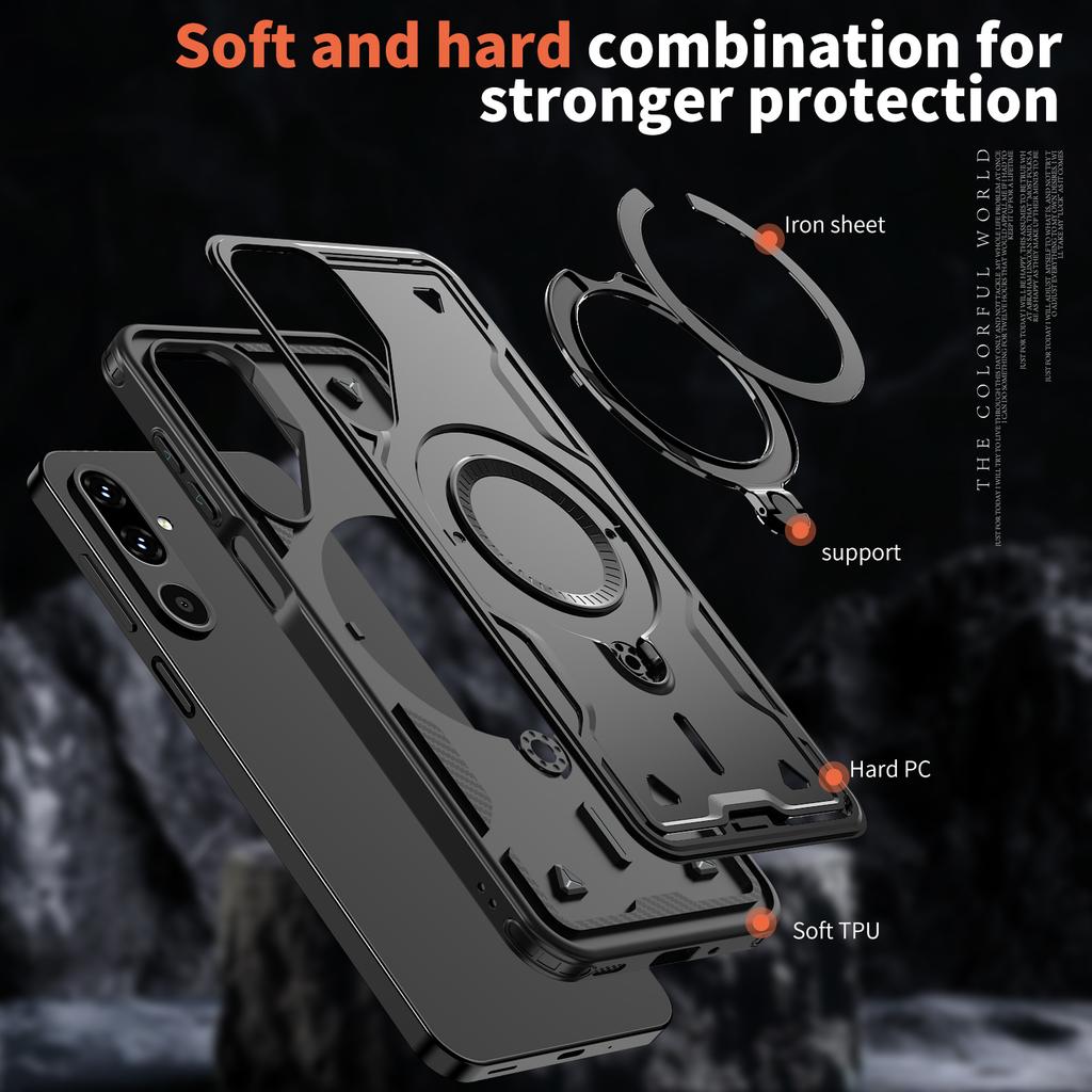 Para Samsung Galaxy M16 F16 M56 F56 Capa Armor À Prova de Choque Suporte Magnético Giratório 360° Moldura TPU Capa de Celular de Plástico Rígido Fundas