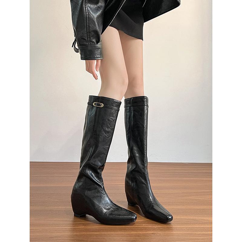 8CM~ Small inner height increase boots, black buckle high boots, women's autumn and winter thin boots, thin knight boots