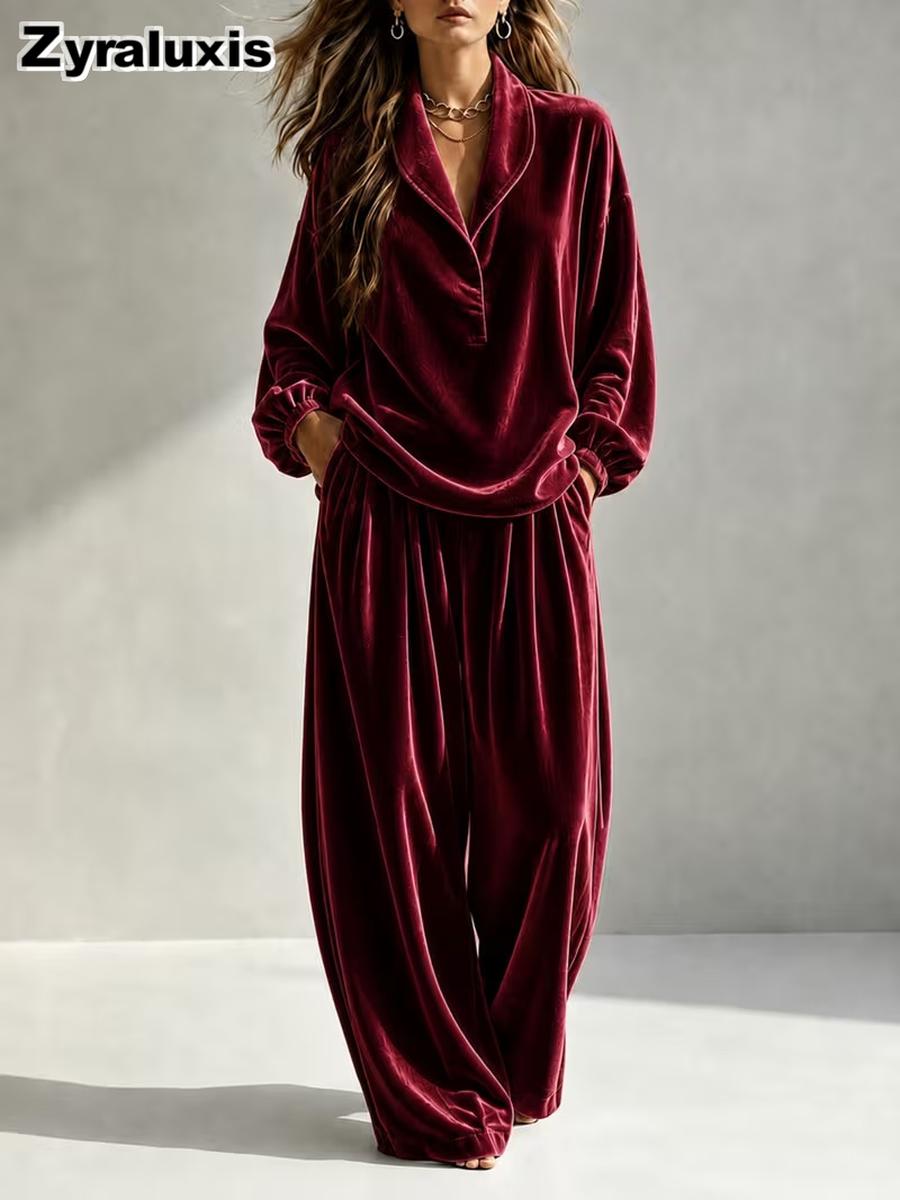 Damen Herbst Neuer Stil Lässige Mode Samt Langarm Hosenanzug Set L rot