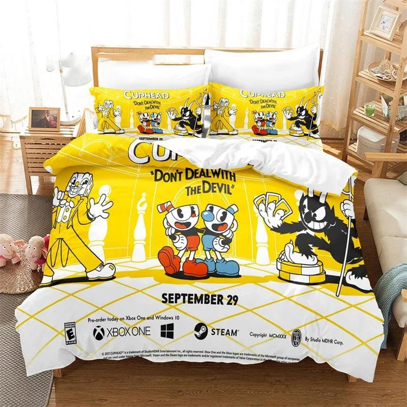 3D Printed Cartoon Cuphead Show Bedding Set,Girls Boys Adult Single Twin Queen Size,Duvet Cover Pillowcase Bedding