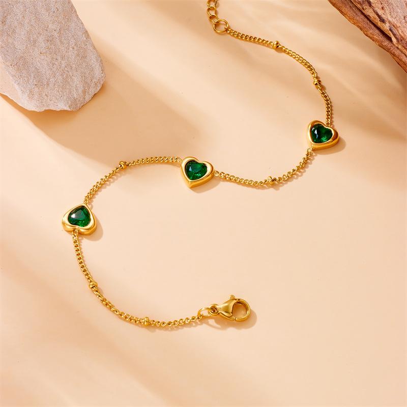 18K Gold Plated Green Heart Charm Bracelet, Dainty Emerald CZ Link Bracelet for Women, Elegant Jewelry