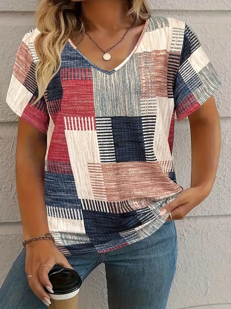 Sommer Kariertes Damen V-Ausschnitt T-Shirt Outdoor Lässig Kurzarm Tops Kariert Bedruckt Trendy Peplum Übergröße Damenbekleidung