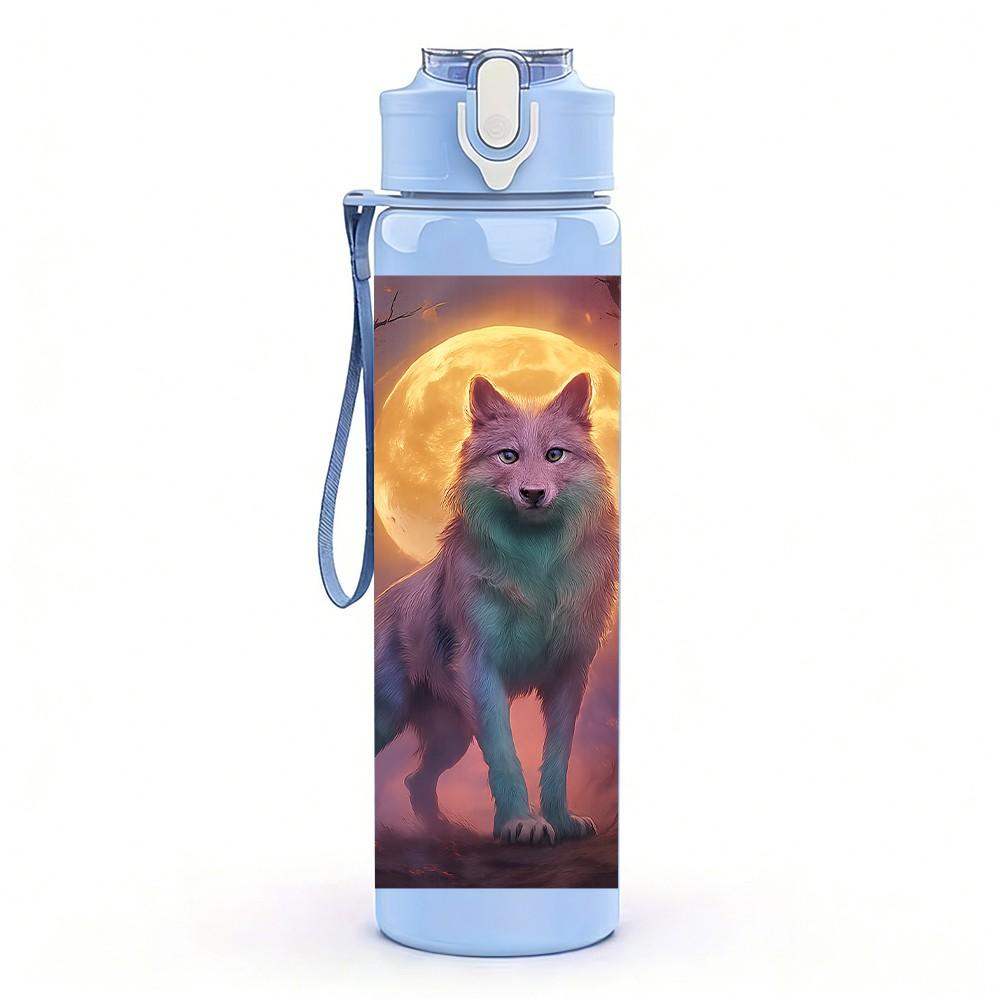1PC Wolf Howling At Moon Night Print 750ml Color Plastic Sports Water Bottle Leakproof Flip Straw Lid Suitable for Sports Office Home Use