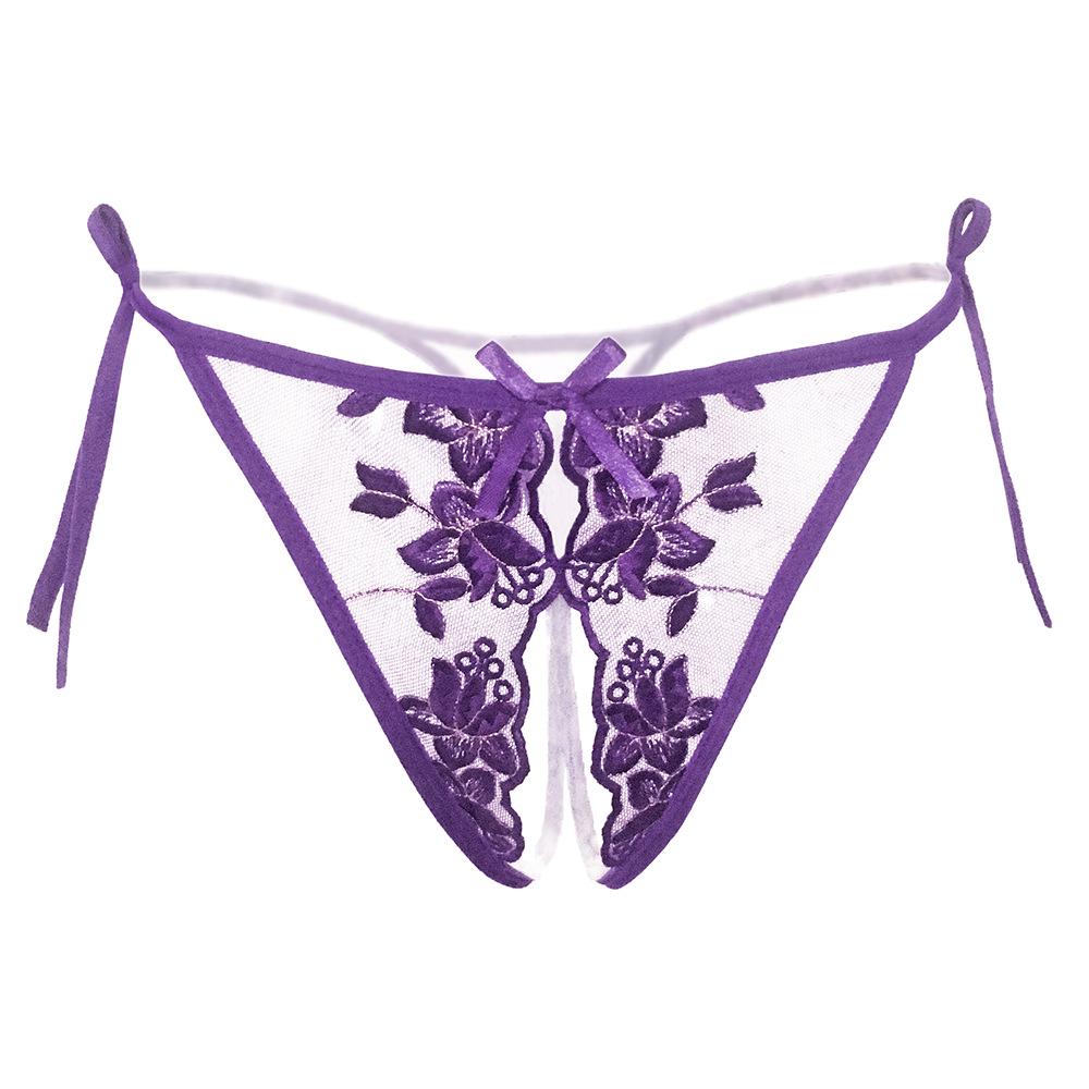 Plus Size Lace-Up Embroidered Open-Crotch Thong Lingerie